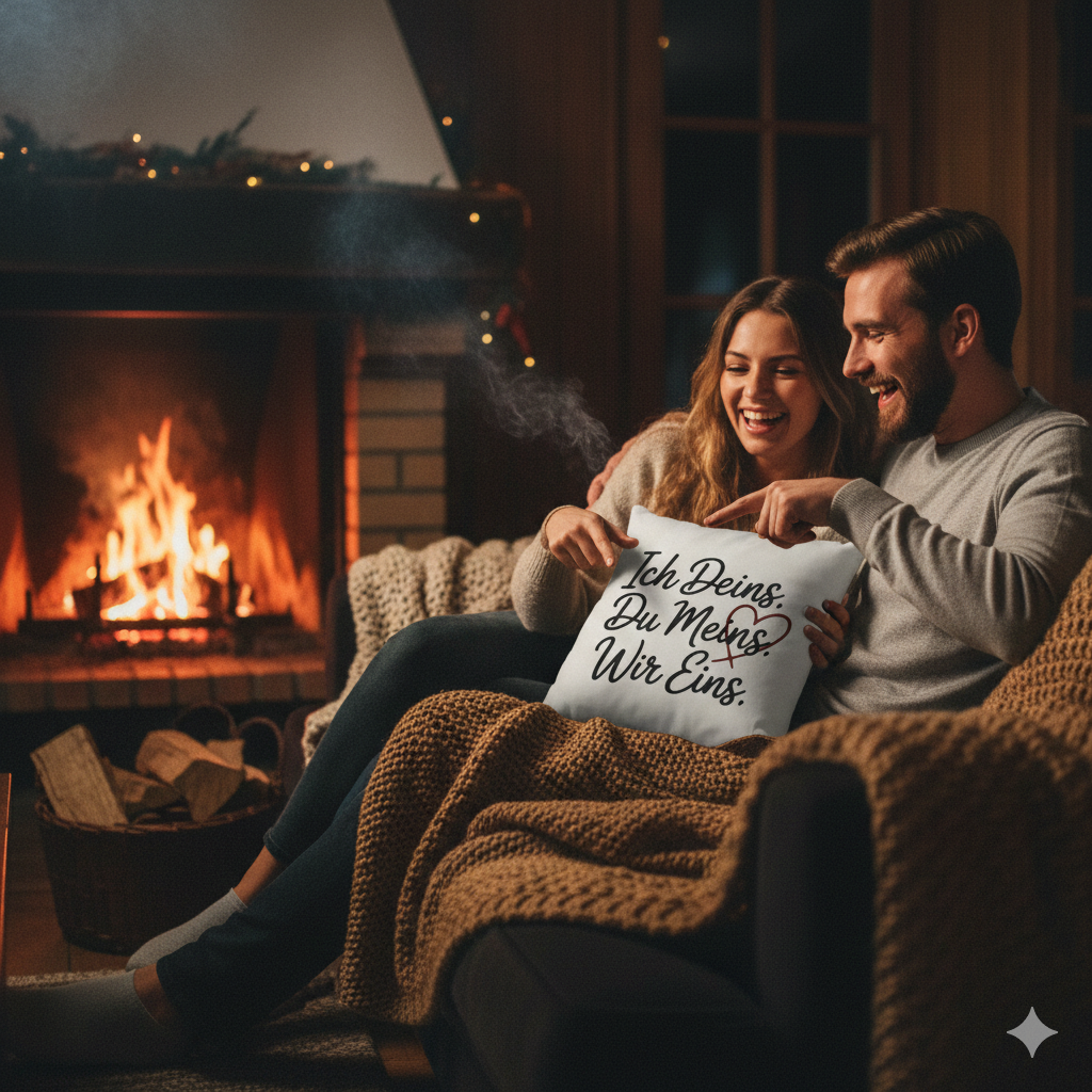 Premium Kissen mit Liebes-Spruch in lichtdurchflutetem Wohnzimmer, Paar im Hintergrund, weiches Bokeh, helles Lifestyle-Ambiente