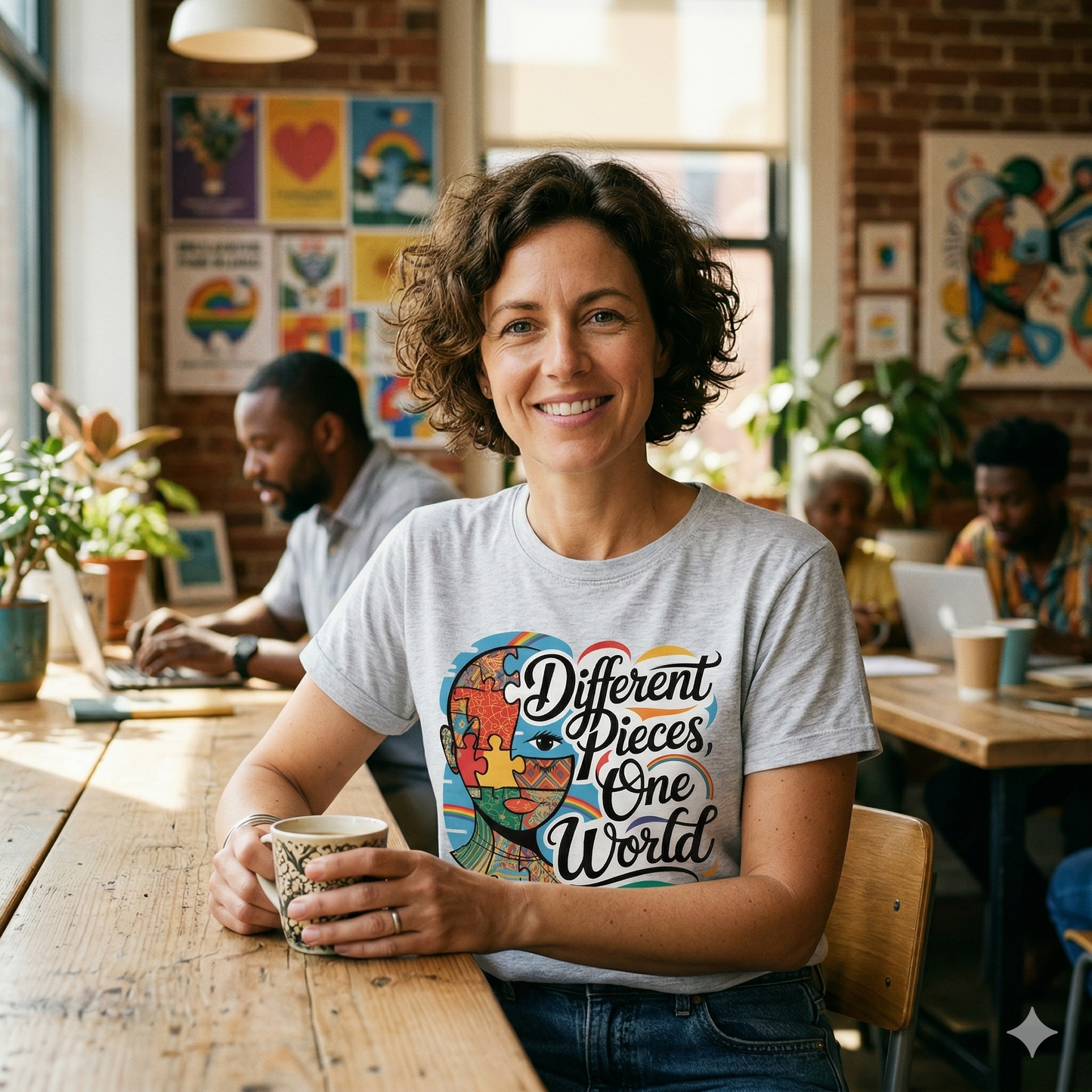 Frau in grauem T-Shirt mit 'Different Pieces, One World' Print lächelt authentisch.
Bild-Caption: Jedes Teil zählt – trage deine Vielfalt stolz. 🧩❤️