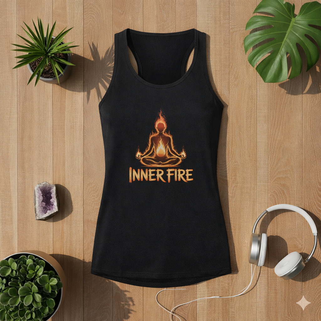 Schwarzes Classic Tanktop für Damen mit Inner Fire Yoga Flammen Design in einem hellen Flatlay Mockup mit Holz Hintergrund, Pflanzen, Kristall und Kopfhörern von Bright Lights Arts