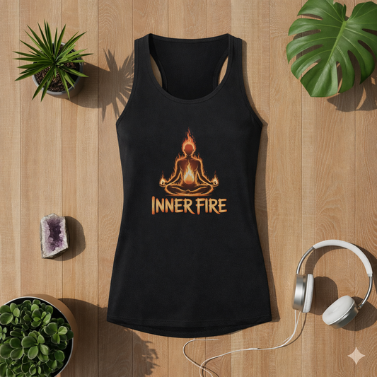Schwarzes Classic Tanktop für Damen mit Inner Fire Yoga Flammen Design in einem hellen Flatlay Mockup mit Holz Hintergrund, Pflanzen, Kristall und Kopfhörern von Bright Lights Arts