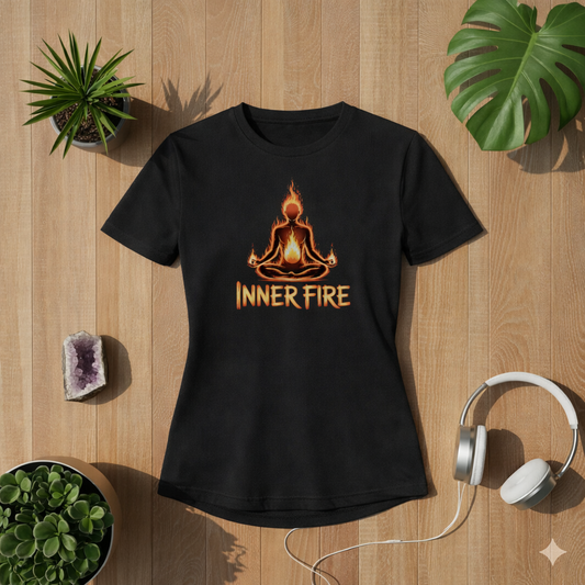 Schwarzes Damen Sportshirt mit Inner Fire Yoga Meditation Flammen Design im Bright Lights Arts Mockup auf Holz Hintergrund mit Pflanzen Kristall und Kopfhörern