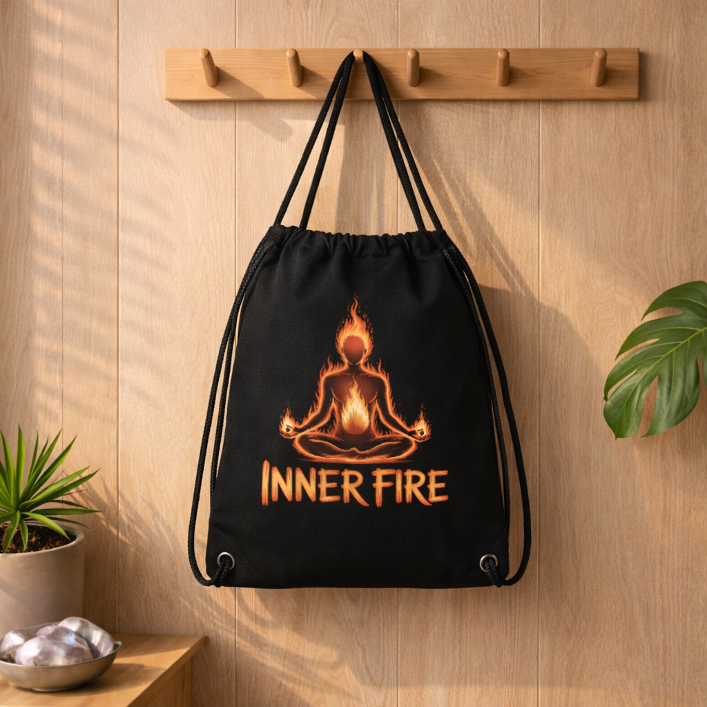 Schwarzer Gym Bag mit Inner Fire Yoga Design an Holzhaken im Bright Lights Arts Mockup mit Pflanzen und warmem Licht