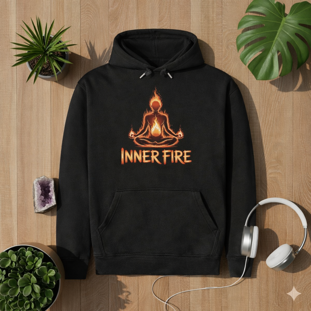 Schwarzer Premium Hoodie mit „Inner Fire“ Design – meditierende Figur mit Flammenmotiv im Bright Lights Arts Lifestyle Mockup auf Holzuntergrund mit Pflanzen und Kopfhörern