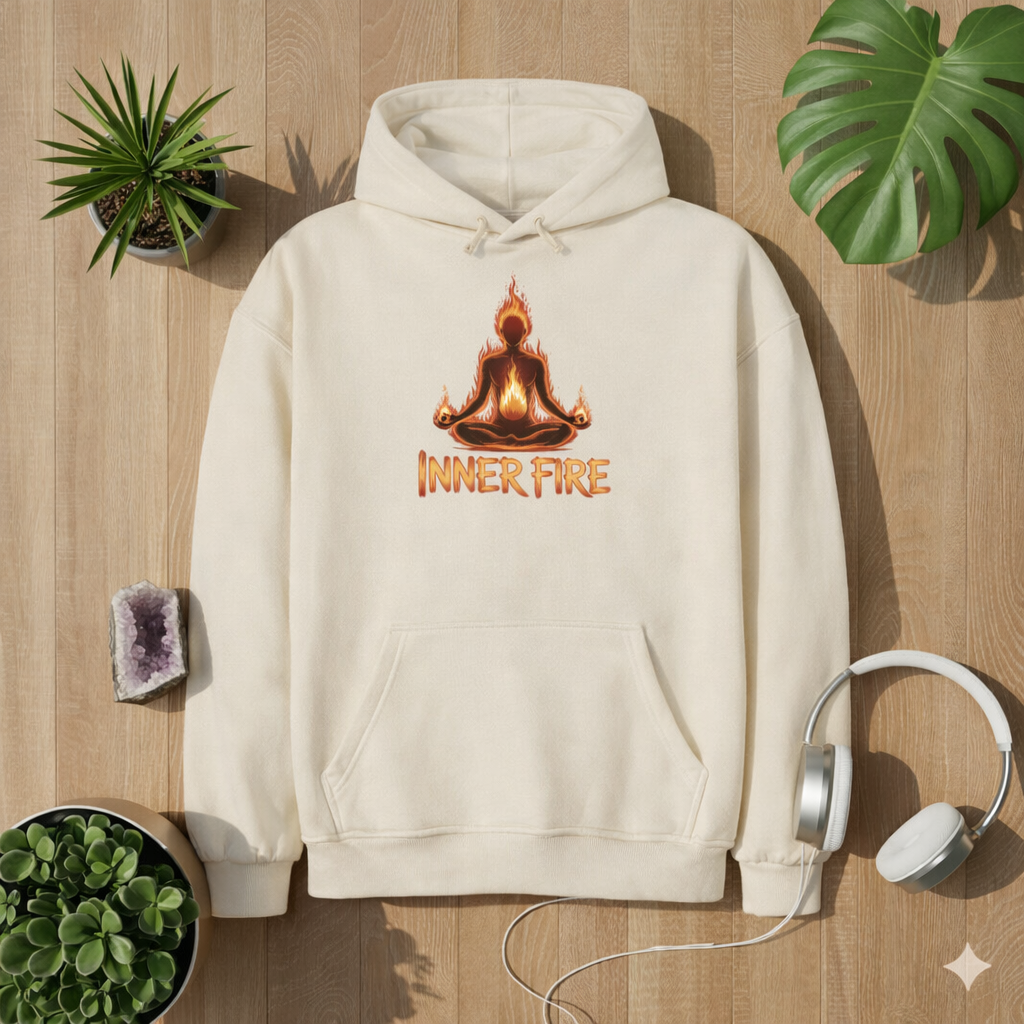 Natural Raw Oversized Hoodie mit „Inner Fire“ Design – meditierende Figur mit Flammenmotiv im Bright Lights Arts Lifestyle Mockup auf Holzuntergrund mit Pflanzen und Kopfhörern