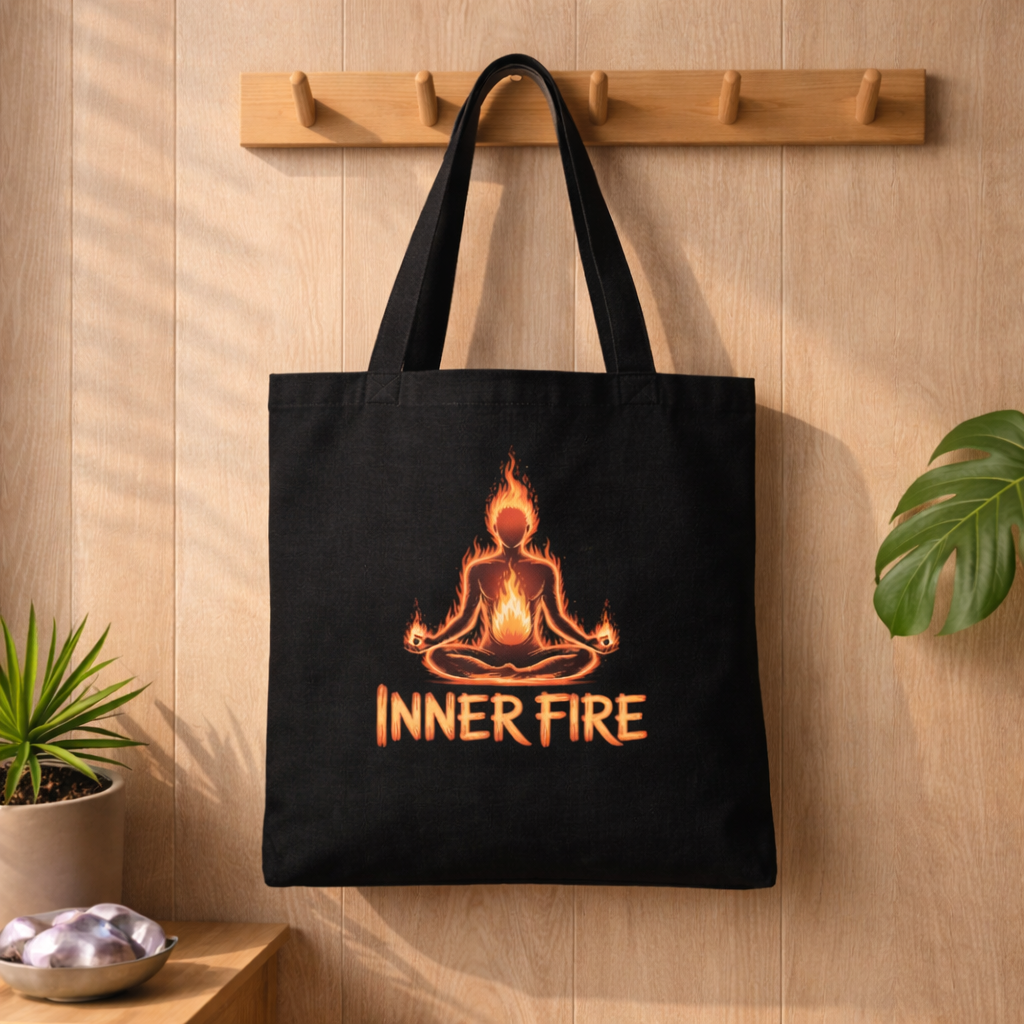 Schwarzer Jutebeutel mit Inner Fire Yoga Design an Holzhaken im Bright Lights Arts Mockup mit Pflanzen und warmem Licht