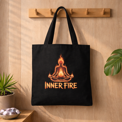 Schwarzer Jutebeutel mit Inner Fire Yoga Design an Holzhaken im Bright Lights Arts Mockup mit Pflanzen und warmem Licht