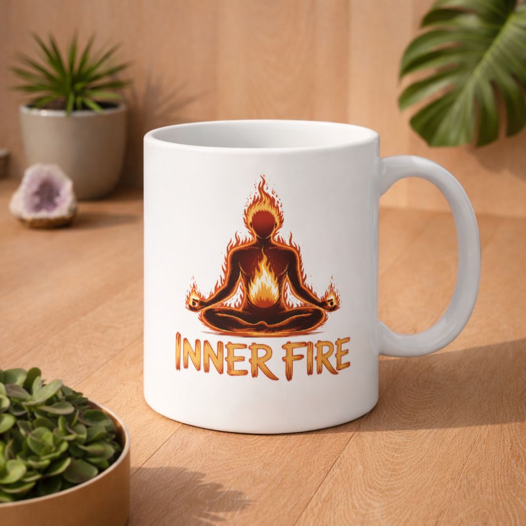 Weiße Keramiktasse mit Inner Fire Design im Bright Lights Arts Mockup – meditierende Figur mit Flammen auf Holz Hintergrund in 1:1 Ansicht