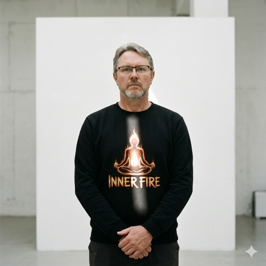 Bärtiger Mann in T-Shirt steht meditierend in Galerie, scharfer Sonnenstrahl beleuchtet brennendes Logo.