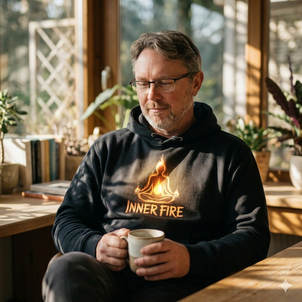 Bärtiger Mann im 'Inner Fire' Hoodie im gemütlichen Wintergarten im Sonnenlicht.
Bild-Caption: Leichtigkeit im Außen, Kraft im Innen. 🔥☕