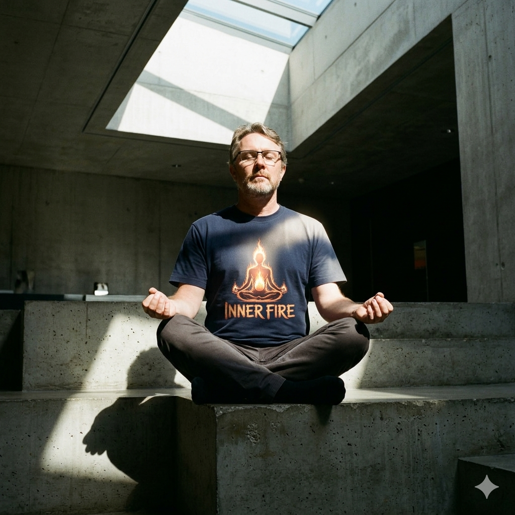 Meditierender bärtiger Mann mit Brille auf rohem Beton im harten Sonnenlicht.
Bild-Caption: Massive Ruhe. Brennender Fokus. 🔥✨