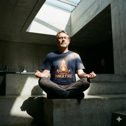 Meditierender bärtiger Mann mit Brille auf rohem Beton im harten Sonnenlicht.
Bild-Caption: Massive Ruhe. Brennender Fokus. 🔥✨