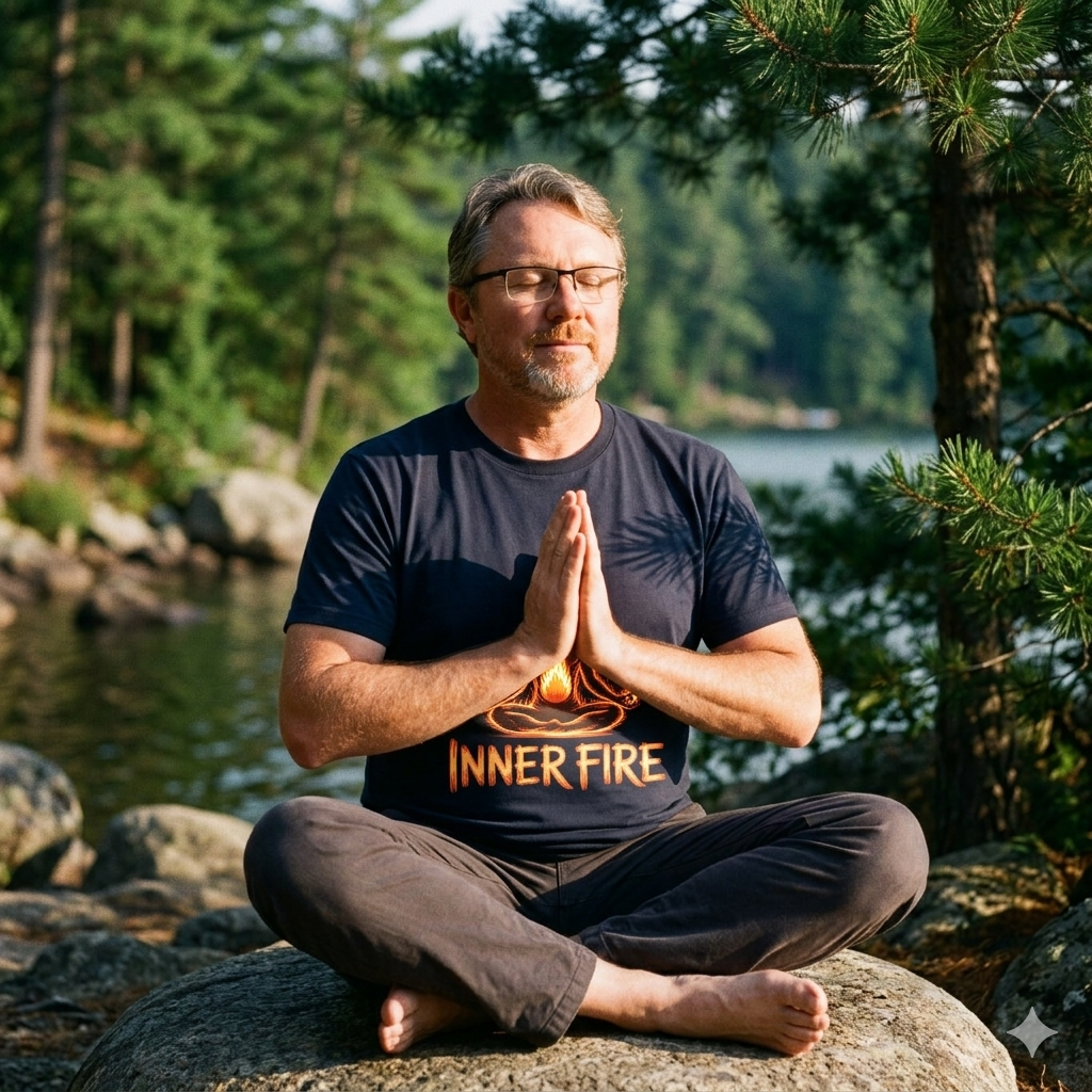Meditierender bärtiger Mann mit Brille am Seeufer in der Abendsonne, die sein T-Shirt-Motiv beleuchtet.