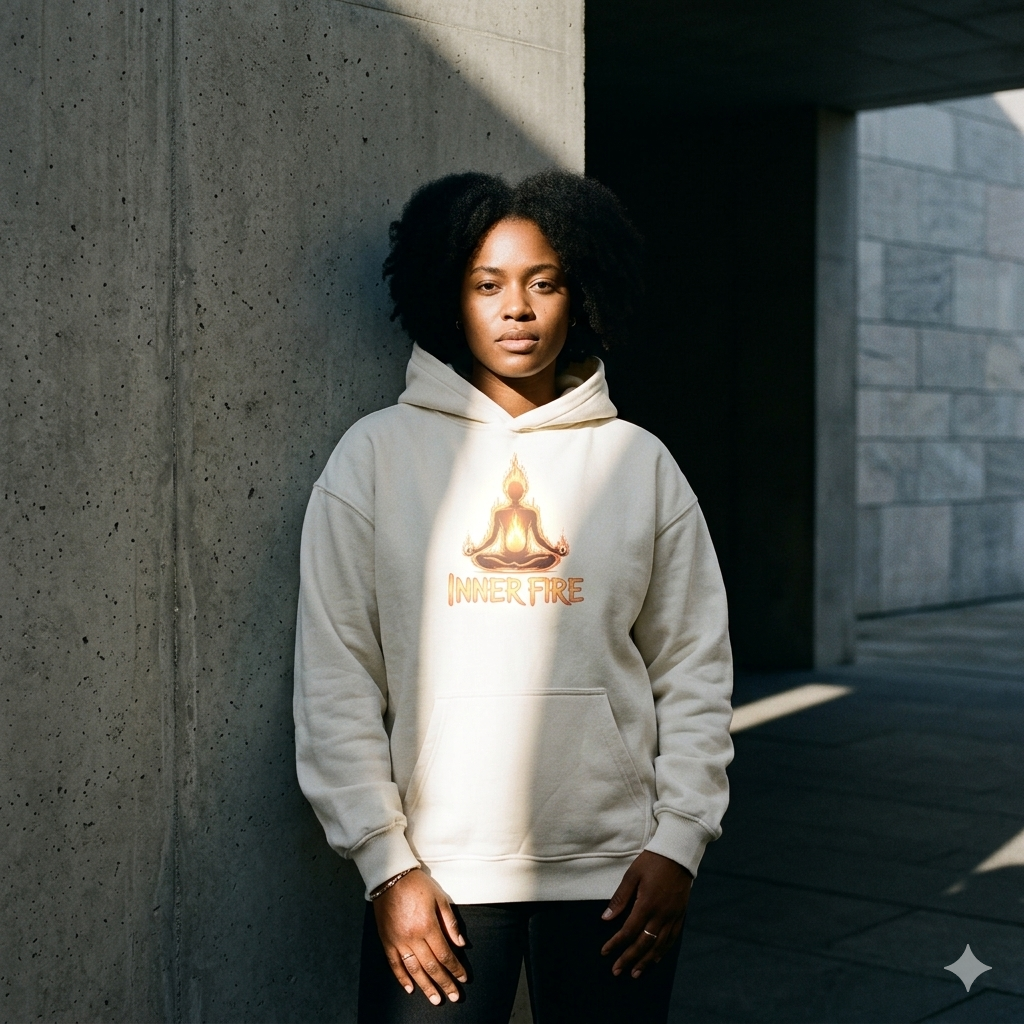 Meditierende Frau in cremefarbenem Hoodie steht unbeweglich in Betonschatten, hartes Sonnenlicht beleuchtet brennendes Logo.