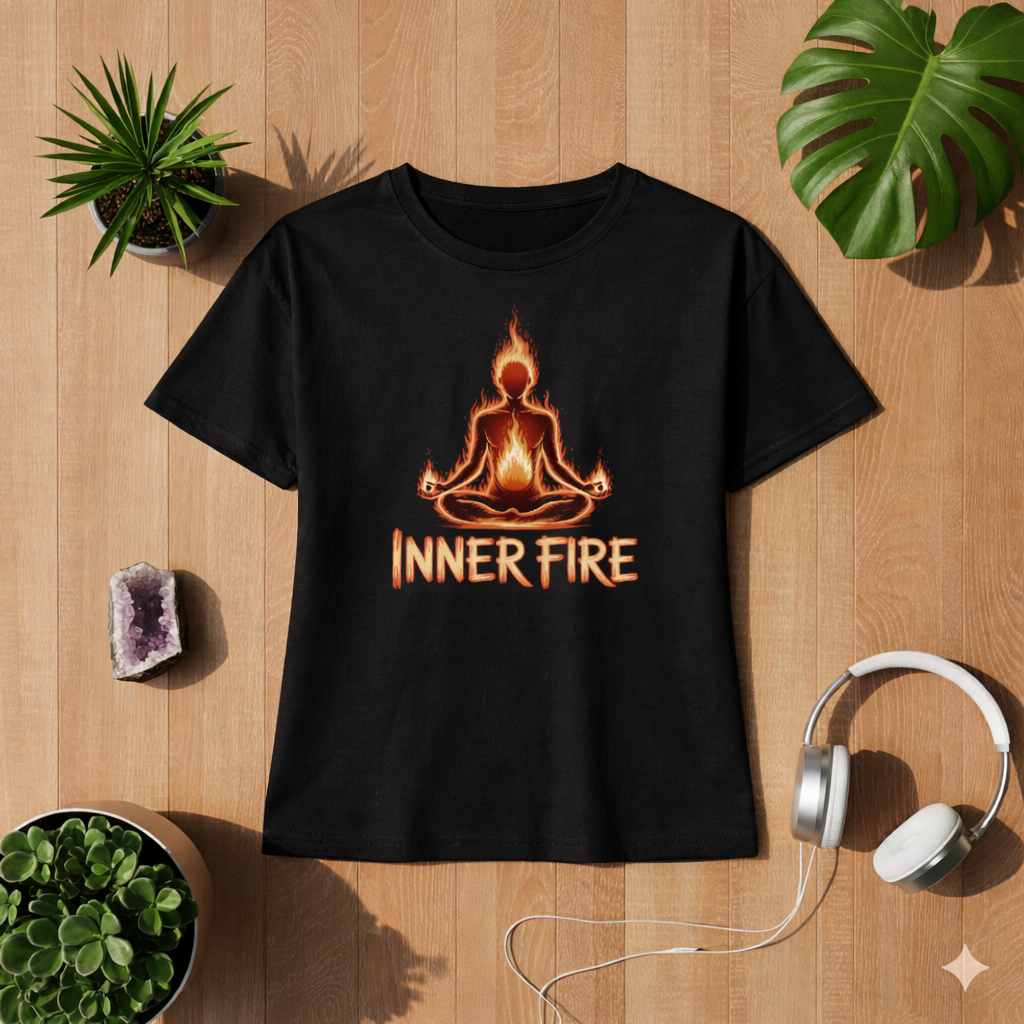 Schwarzes Premium Organic Damen T-Shirt mit Inner Fire Yoga Meditation Flammen Design im Bright Lights Arts Mockup auf Holz Hintergrund mit Pflanzen und Kopfhörern