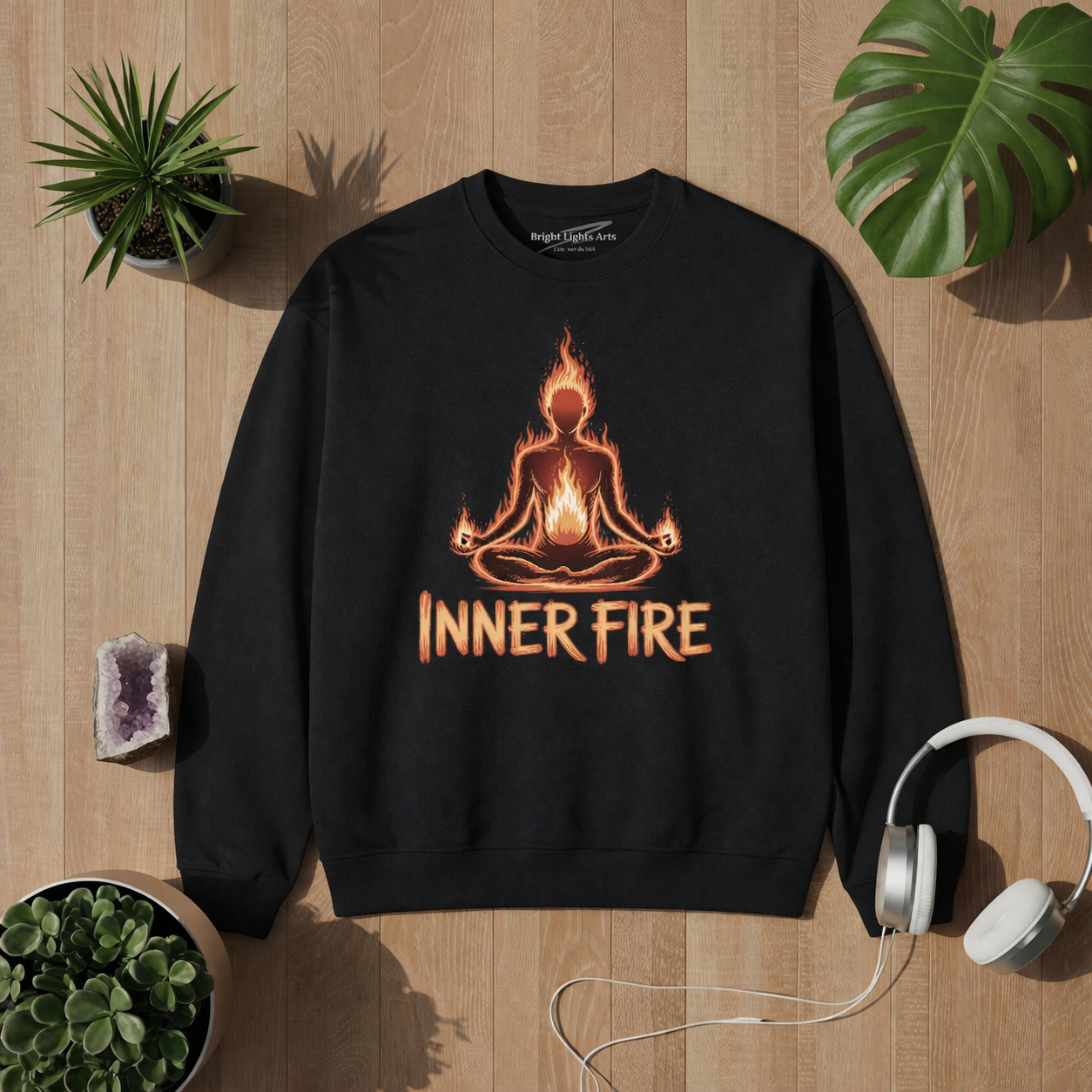 Schwarzes Premium Sweatshirt mit Inner Fire Meditation Design im Bright Lights Arts Mockup auf Holz Hintergrund mit Pflanzen und Kopfhörern