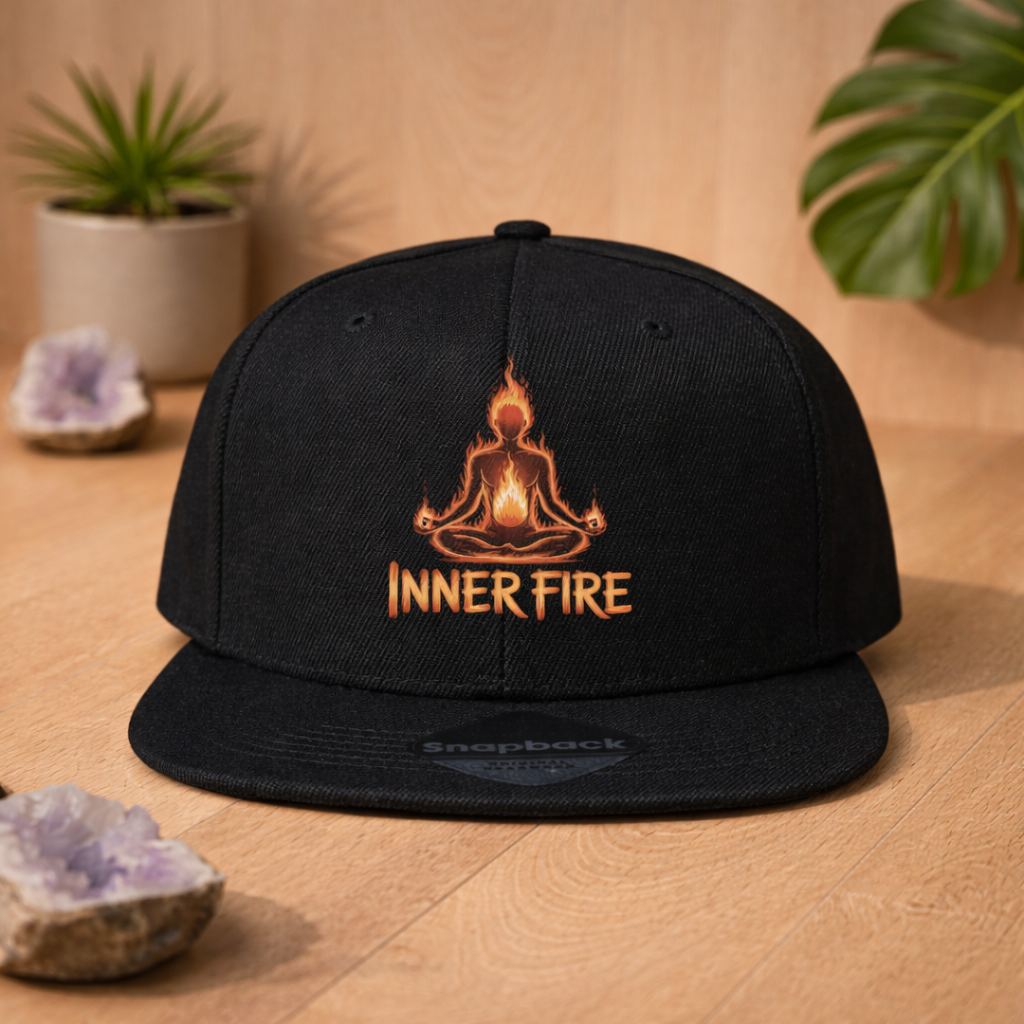Schwarze Snapback Cap mit Inner Fire Yoga Design im Bright Lights Arts Mockup auf Holzuntergrund mit Pflanzen und Kristall
