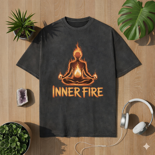 Oversized vintage black t-shirt with glowing inner fire meditation design, yoga silhouette with flames and “Inner Fire” text, displayed on aesthetic wooden lifestyle mockup with plants and headphones, spiritual streetwear apparel for mindfulness and yoga lovers
