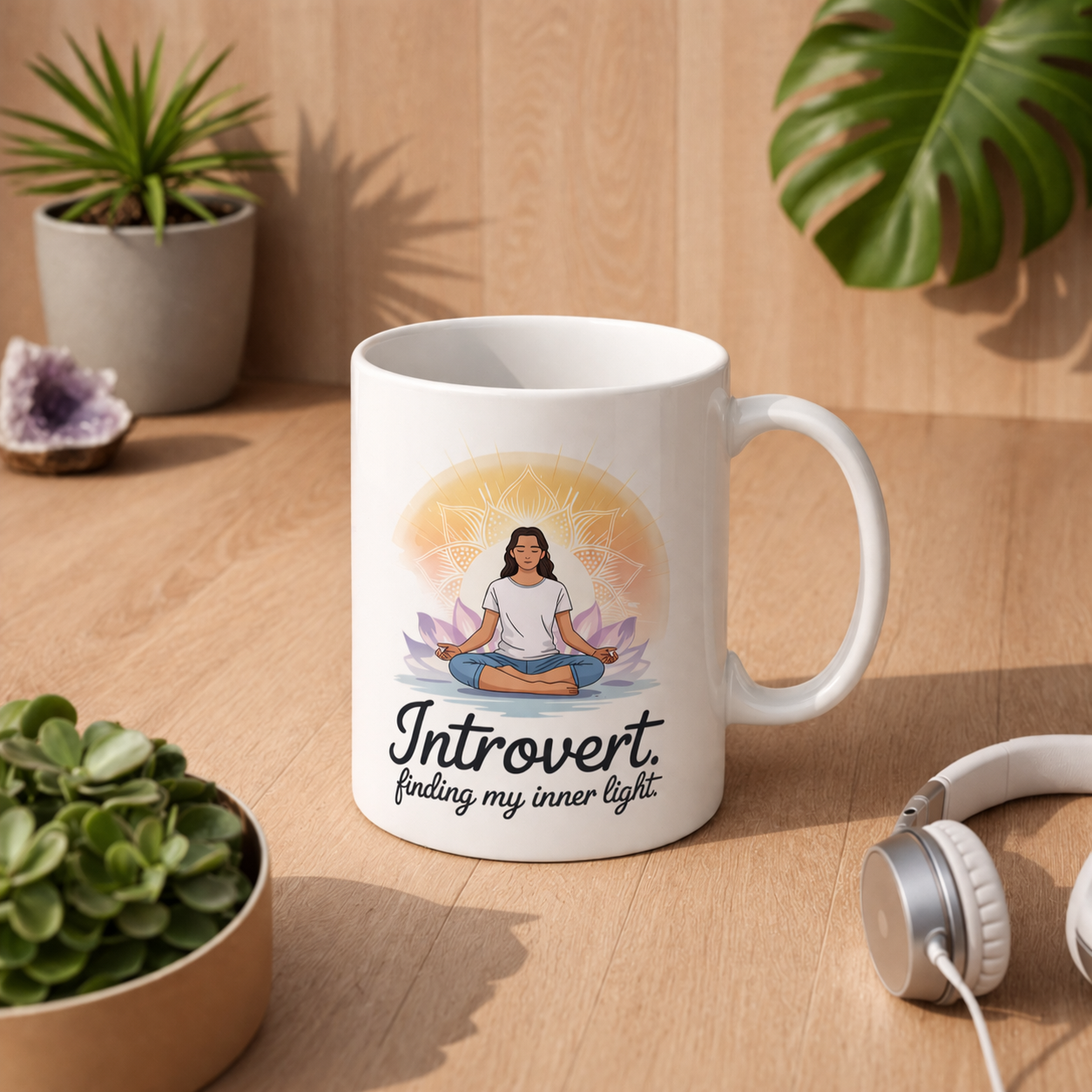 Weiße Keramiktasse mit Introvert Finding My Inner Light Design im natürlichen Lifestyle Mockup mit Pflanzen und warmem Licht – Bright Lights Arts