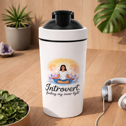 Weißer Fitness Shaker mit Introvert Finding My Inner Light Design im natürlichen Lifestyle Mockup mit Pflanzen und Kopfhörern – Bright Lights Arts