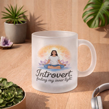 Satiniert Glas Tasse mit Introvert Finding My Inner Light Design im natürlichen Lifestyle Mockup mit Pflanzen und warmem Licht – Bright Lights Arts