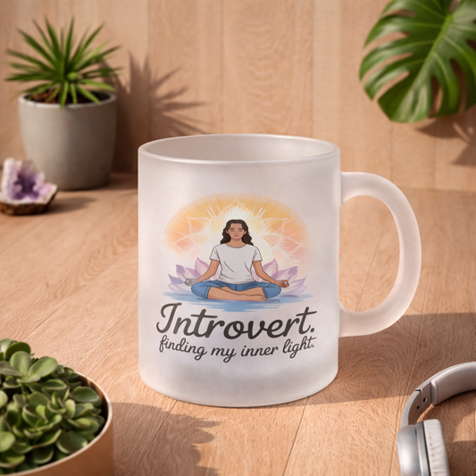 Satiniert Glas Tasse mit Introvert Finding My Inner Light Design im natürlichen Lifestyle Mockup mit Pflanzen und warmem Licht – Bright Lights Arts