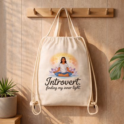 Gym Bag in Naturfarbe mit Introvert Finding My Inner Light Design im Lifestyle Mockup an Holz Garderobe mit Pflanzen – Bright Lights Arts