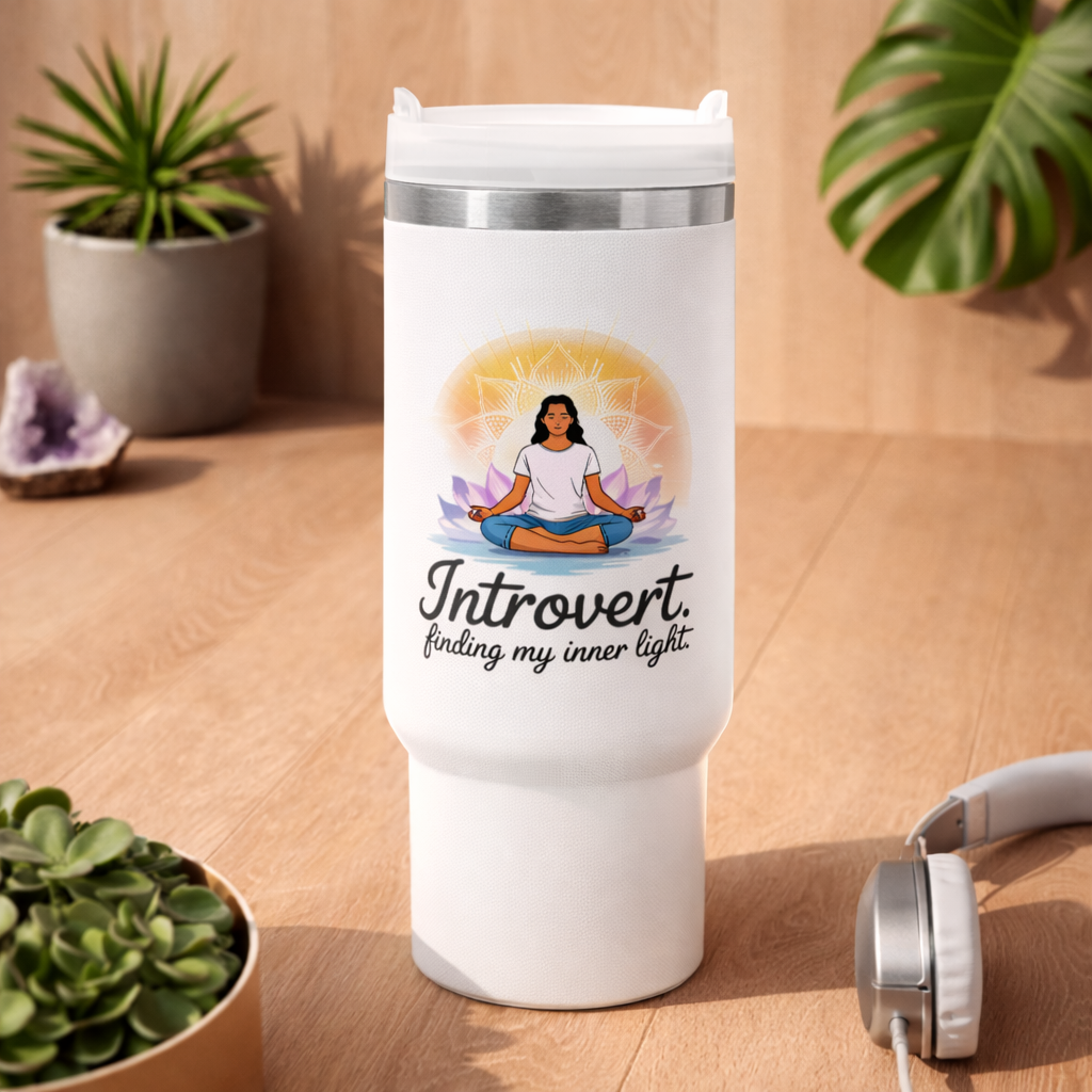 Weißer Thermobecher mit Introvert Finding My Inner Light Design im natürlichen Lifestyle Mockup mit Pflanzen und Kopfhörern – Bright Lights Arts