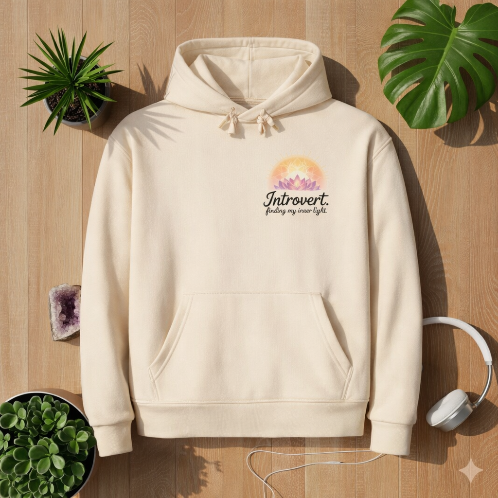 Cream beige hoodie with small chest yoga mandala design and introvert finding my inner light quote, minimalist mindfulness hoodie by Bright Lights Arts