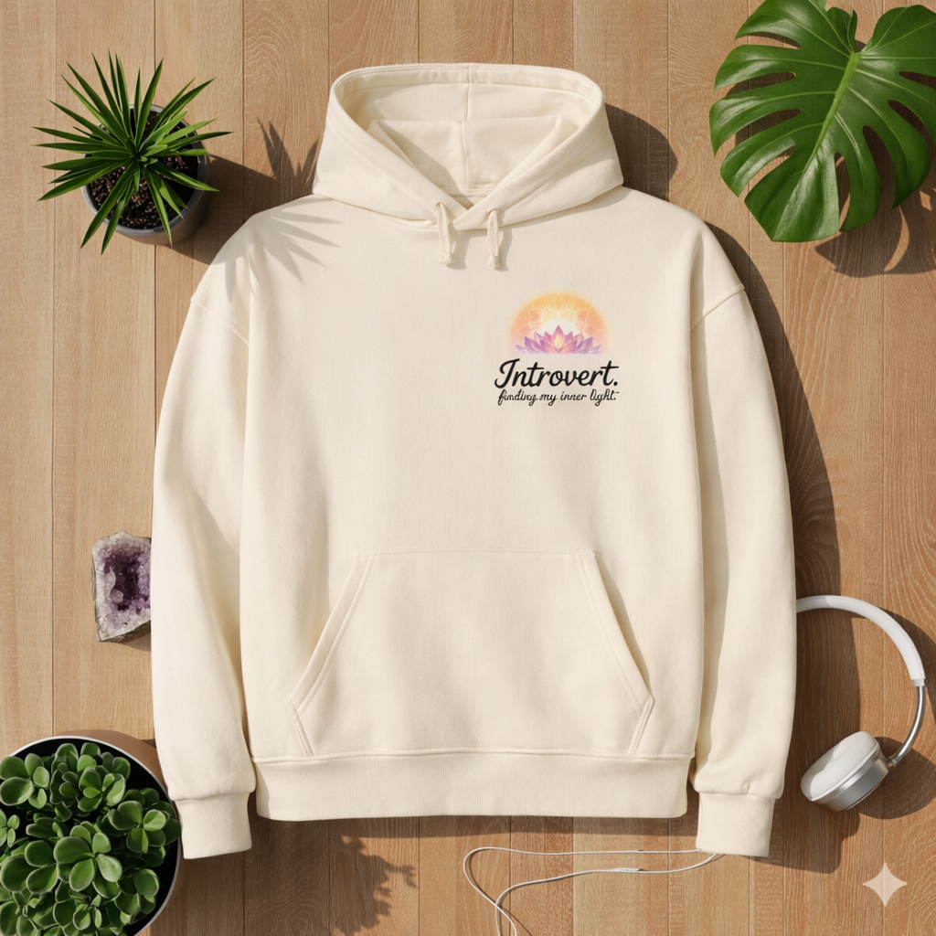 Cream beige oversized hoodie with small chest mandala yoga design and introvert finding my inner light quote, relaxed mindfulness hoodie by Bright Lights Arts