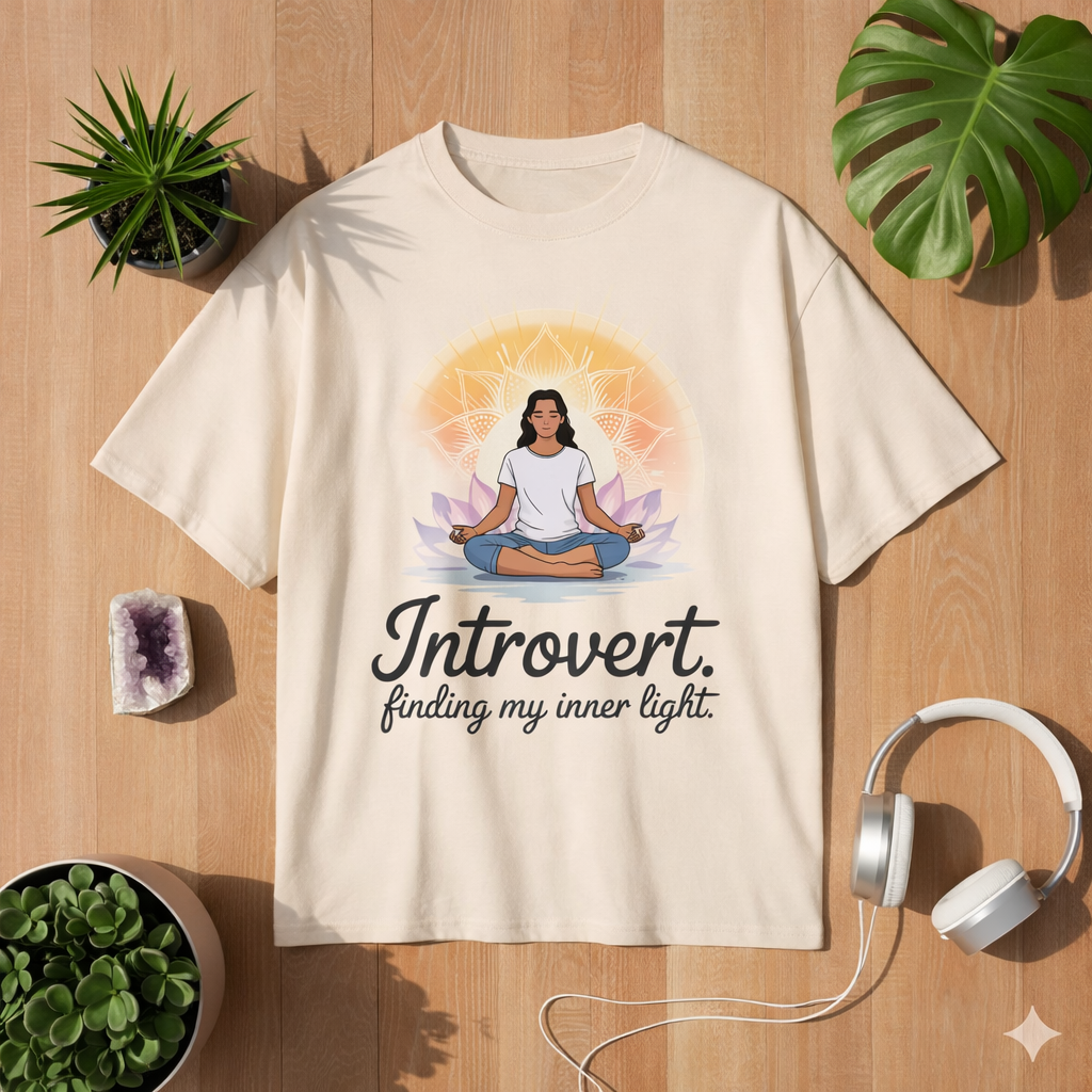 Cream beige oversized t-shirt with meditating woman mandala design and introvert finding my inner light quote, calm mindfulness yoga shirt by Bright Lights Arts
