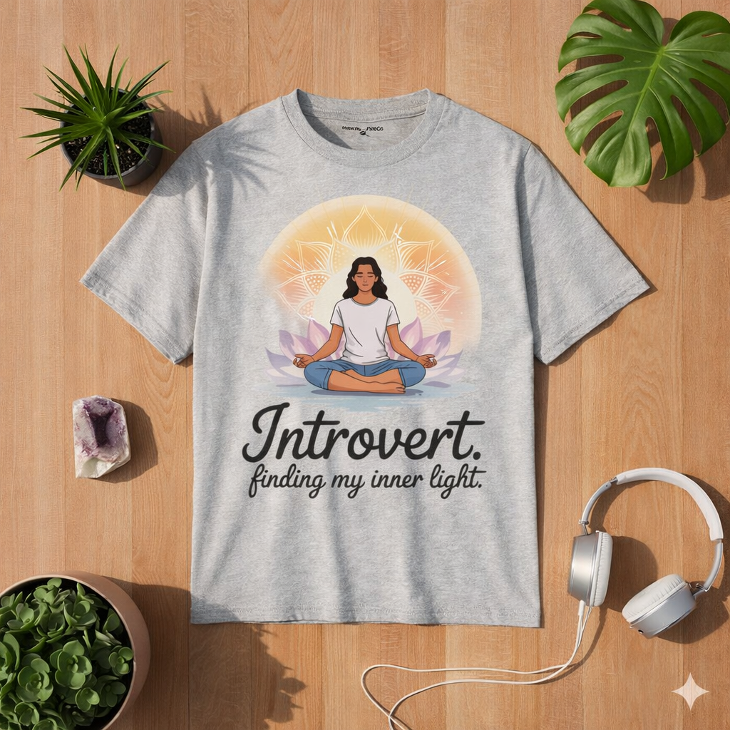 Light grey yoga t-shirt with meditating woman and mandala design, introvert finding my inner light quote, calm mindfulness spiritual shirt by Bright Lights Arts