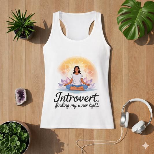 White women’s tank top with meditating woman mandala design and introvert finding my inner light quote, lightweight mindfulness yoga tank by Bright Lights Arts