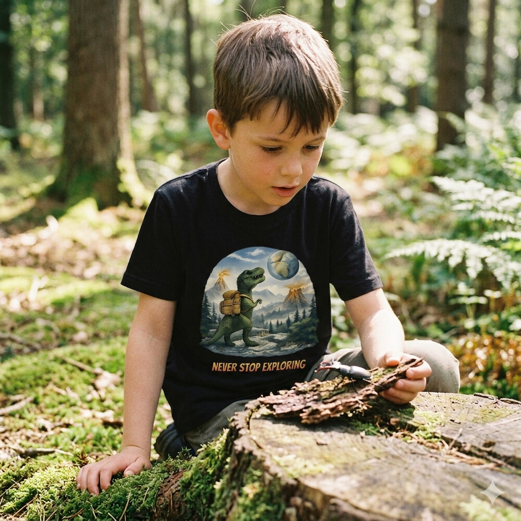 Ein Kind im Waldkindergarten mit Dino-Shirt entdeckt einen Käfer.