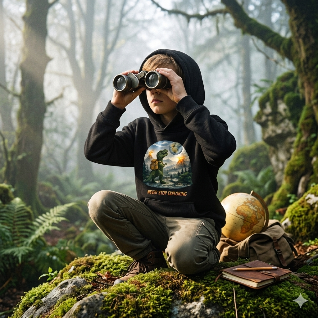 Ein Kind im Waldkindergarten mit Dino-Shirt entdeckt einen Käfer.
Bild-Caption: Die Welt ist ein Abenteuer, egal wie klein du bist. 🌱🦖