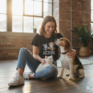 Frau in weißem Cropped Tee mit Hund & Katze Print lacht entspannt auf einer sonnigen Terrasse im Sommer