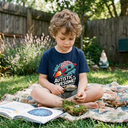 Glückliches Kind trägt das Autistic and Awesome Rocket T-Shirt aus Bio-Baumwolle beim Spielen.