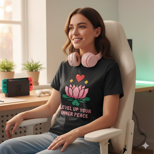 Schwarzes T-Shirt mit bunter 8-Bit Pixel-Art Illustration eines Lotus und dem Schriftzug Level Up Your Inner Peace von Bright Light Arts