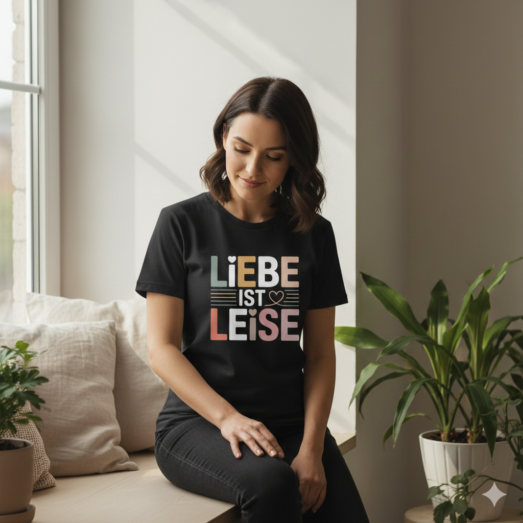 Schwarzes T-Shirt mit dem Schriftzug Liebe ist leise in harmonischen Naturtönen und kleinen Herzsymbolen von Bright Light Arts.