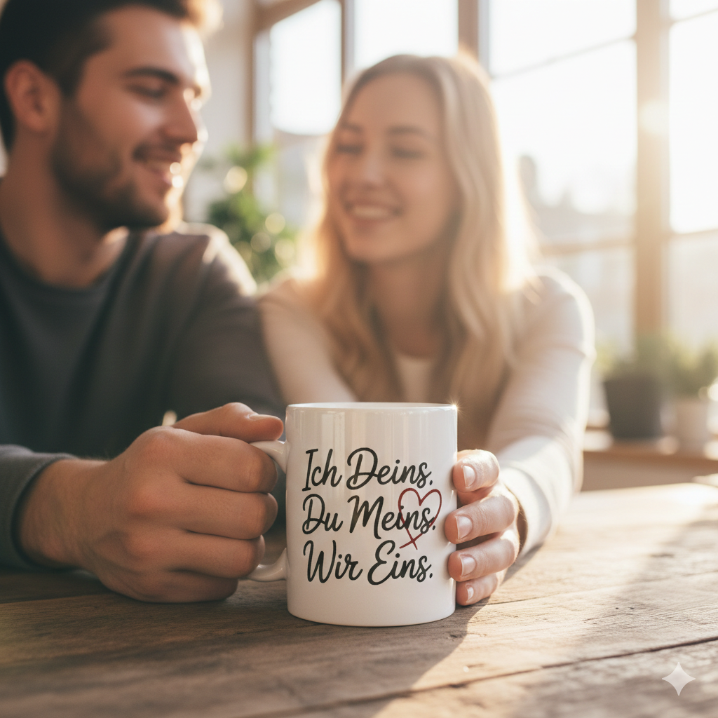 Minimalistische Keramiktasse mit Liebes-Spruch in warmem Sonnenlicht, Paar hält Tasse gemeinsam, emotionales Bokeh