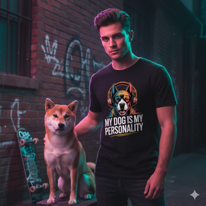 Schwarzes T-Shirt mit buntem Pop-Art Hundekopf mit Kopfhörern und dem Schriftzug My Dog Is My Personality von Bright Light Arts