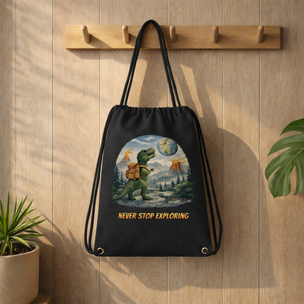 Schwarzer Gym Bag Turnbeutel mit Dinosaurier Abenteuer Motiv und Schriftzug Never Stop Exploring im Bright Lights Arts Mockup Stil an Holzleiste aufgehängt mit Pflanzen im Hintergrund