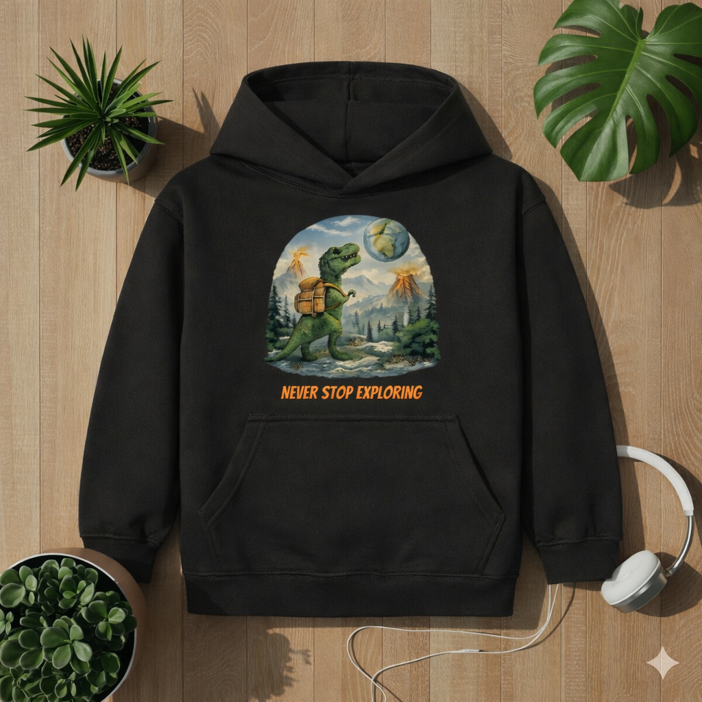 Schwarzer Kinder Hoodie mit Dinosaurier Motiv und Schriftzug Never Stop Exploring auf hellem Holz Hintergrund mit Pflanzen und Kopfhörern im Bright Lights Arts Mockup Stil