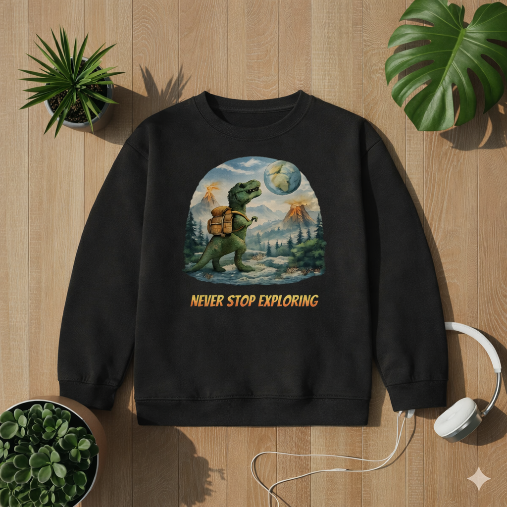 Schwarzes Kinder Sweatshirt mit Dinosaurier und Abenteuer Motiv sowie Schriftzug Never Stop Exploring auf hellem Holz Hintergrund mit Pflanzen und Kopfhörern im Bright Lights Arts Mockup Stil