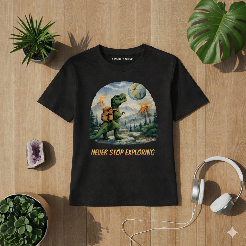 Schwarzes Premium Organic Kinder T-Shirt mit Dinosaurier Motiv und Schriftzug Never Stop Exploring auf hellem Holz Hintergrund mit Pflanzen und Kopfhörern im Bright Lights Arts Mockup Stil