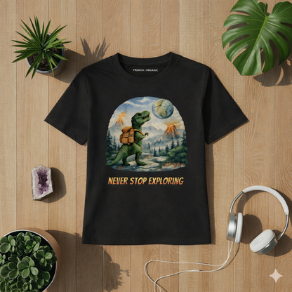 Schwarzes Premium Organic Kinder T-Shirt mit Dinosaurier Motiv und Schriftzug Never Stop Exploring auf hellem Holz Hintergrund mit Pflanzen und Kopfhörern im Bright Lights Arts Mockup Stil