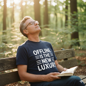 Navy T-Shirt mit dem minimalistischen Schriftzug Offline Is the New Luxury von Bright Light Arts