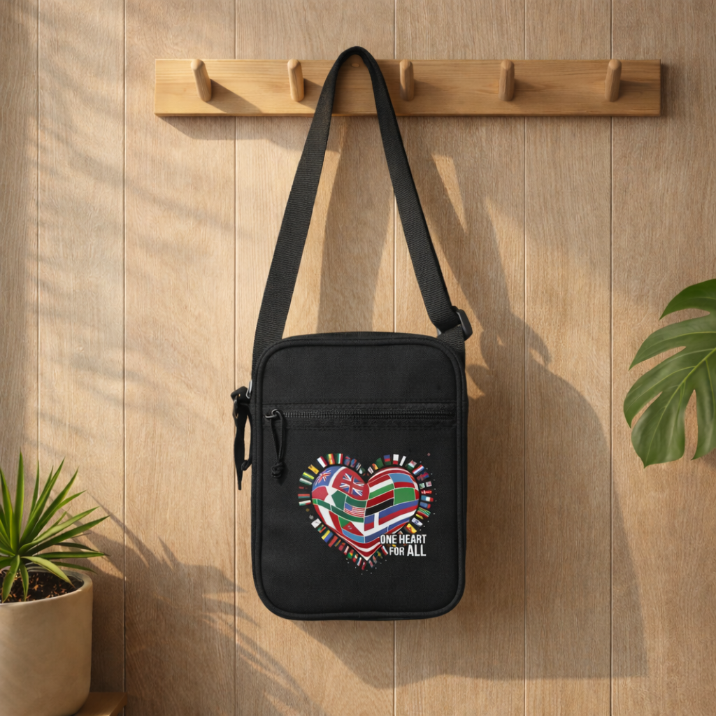 Schwarze Umhängetasche mit Herz aus internationalen Flaggen und Schriftzug One Heart For All im Bright Lights Arts Mockup Stil an Holzleiste aufgehängt mit Pflanzen im Hintergrund
