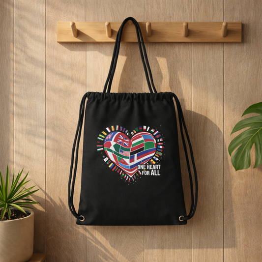Schwarzer Gym Bag Turnbeutel mit Herz aus internationalen Flaggen und Schriftzug One Heart For All im Bright Lights Arts Mockup Stil aufgehängt an Holzleiste mit Pflanzen im Hintergrund