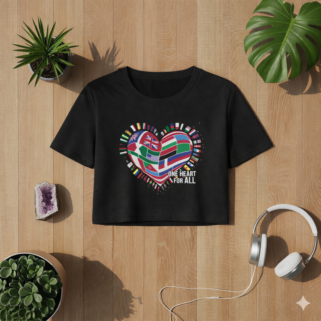 Schwarzes Ladies Cropped Tee mit Herz aus internationalen Flaggen und Schriftzug One Heart For All auf hellem Holz Hintergrund mit Pflanzen und Kopfhörern im Bright Lights Arts Flatlay Mockup Stil