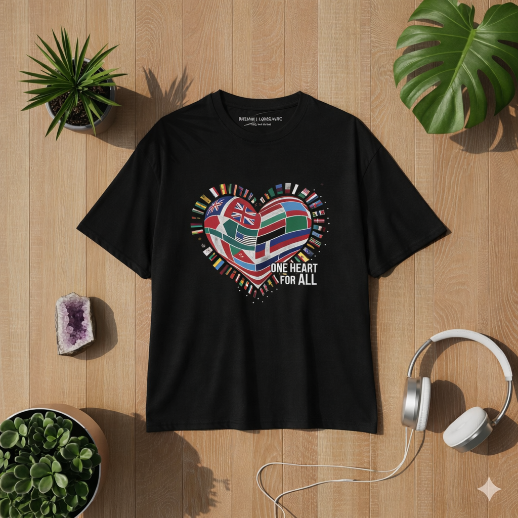 Schwarzes Premium Organic Damen T-Shirt mit Herz aus internationalen Flaggen und Schriftzug One Heart For All auf hellem Holz Hintergrund im Bright Lights Arts Mockup Stil